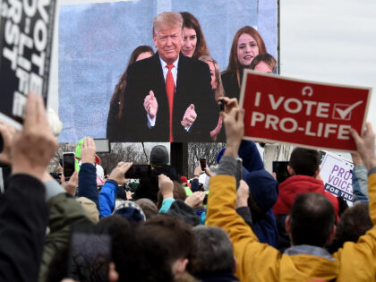 Pro-life demonstrators listen to US President Donald Trump as he speaks at the 47th annual "March for Life" in Washington, DC, on January 24, 2020. - Trump is the first US president to address in person the country's biggest annual gathering of anti-abortion campaigners. (Photo by OLIVIER DOULIERY / AFP) …
