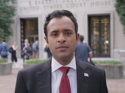 Vivek Ramaswamy speaks in front of the courthouse where former President Donald Trump is t