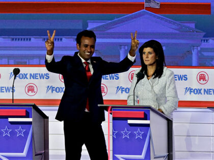 Vivek Ramaswamy, chairman and co-founder of Strive Asset Management and 2024 Republican presidential candidate, left, and Nikki Haley, former ambassador to the United Nations and 2024 Republican presidential candidate, during the Republican primary presidential debate hosted by Fox News in Milwaukee, Wisconsin, US, on Wednesday, Aug. 23, 2023. Republican presidential …