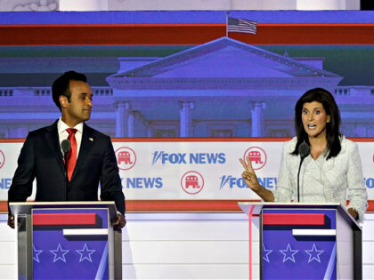 Nikki Haley, former ambassador to the United Nations and 2024 Republican presidential candidate, right, and Vivek Ramaswamy, chairman and co-founder of Strive Asset Management and 2024 Republican presidential candidate, during the Republican primary presidential debate hosted by Fox News in Milwaukee, Wisconsin, US, on Wednesday, Aug. 23, 2023. Republican presidential …
