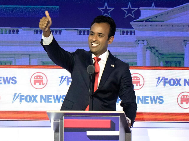 Businessman Vivek Ramaswamy reacts after a Republican presidential primary debate hosted b