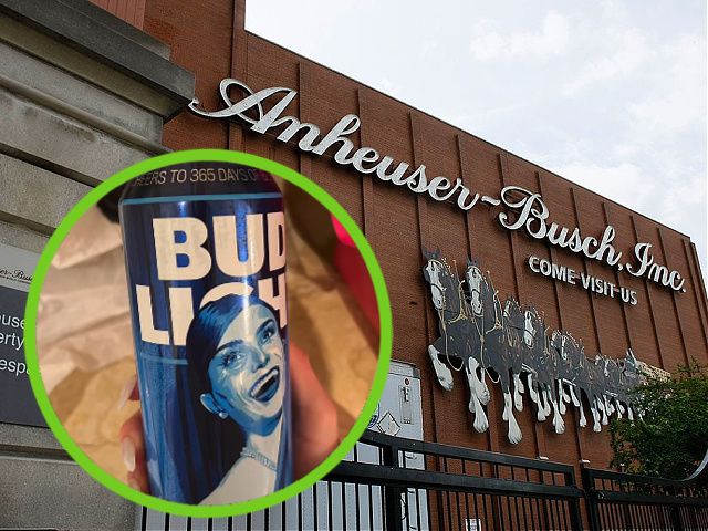 The headquarters of Anheuser-Busch, Inc. Inset: Dylan Mulvaney Bud Light can