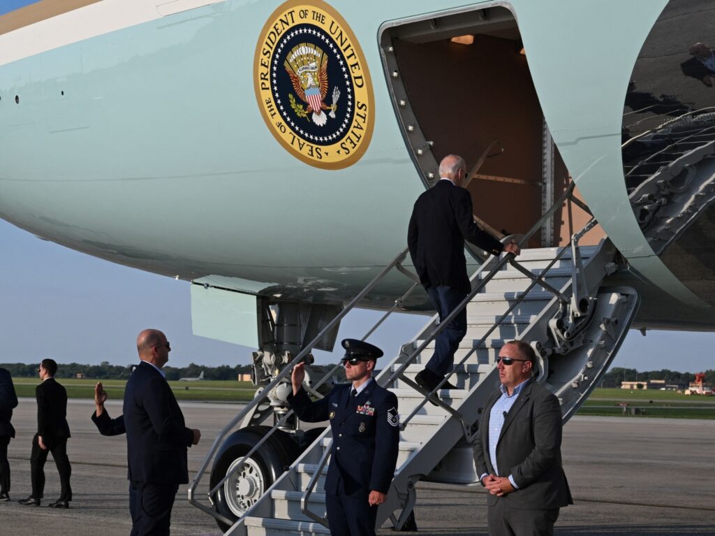 US President Joe Biden boards Air Force One at Joint Base Andrews in Maryland on August 18, 2023, as he departs for Lake Tahoe, Nevada. (Photo by Mandel NGAN / AFP) (Photo by MANDEL NGAN/AFP via Getty Images)