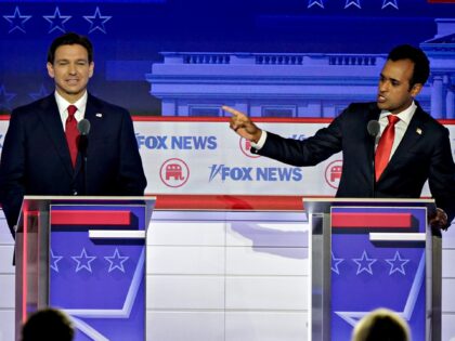 Vivek Ramaswamy, chairman and co-founder of Strive Asset Management and 2024 Republican presidential candidate, from right, Ron DeSantis, governor of Florida and 2024 Republican presidential candidate, and Former Vice President Mike Pence, 2024 Republican presidential candidate, during the Republican primary presidential debate hosted by Fox News in Milwaukee, Wisconsin, US, …