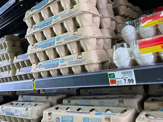 Eggs are displayed on store shelves at a local grocery store in Chandler, Ariz., Jan. 21,