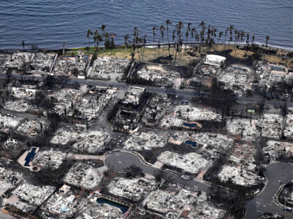An aerial image taken on August 10, 2023 shows destroyed homes and buildings burned to the