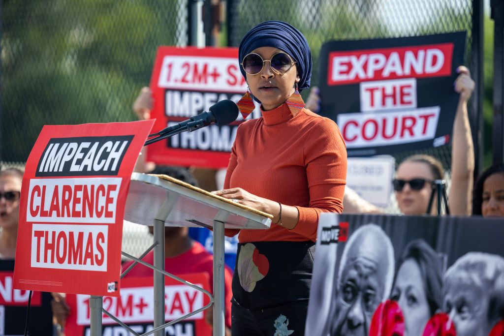 WASHINGTON, USA - JULY 28: United States Representative Ilhan Omar speaks in front of the Supreme Court ahead of the delivery of a petition demanding the impeachment of Justice Clarence Thomas on July 28, 2022 in Washington, DC. (Photo by Nathan Posner/Anadolu Agency via Getty Images)