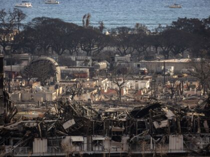 Charred remains of a burned neighbourhood is seen in the aftermath of a wildfire, in Lahai