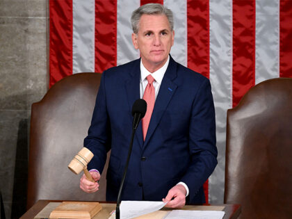 US Speaker of the House Kevin McCarthy (R-CA) holds the gavel following US President Joe B