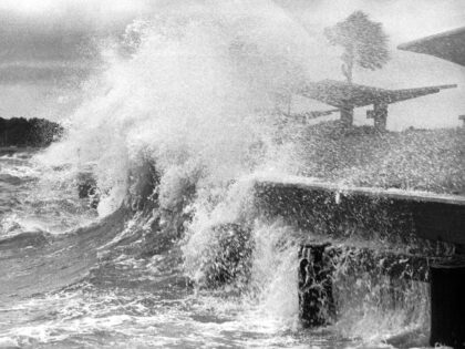 Heavy surf pounds the shoreline in Gulf Breeze, Florida on Wednesday, Sept. 12, 1979, as hurricane Frederick moves toward the coastline from the Gulf of Mexico packing winds as high as 130 m.p.h. (Mark Foley/AP)