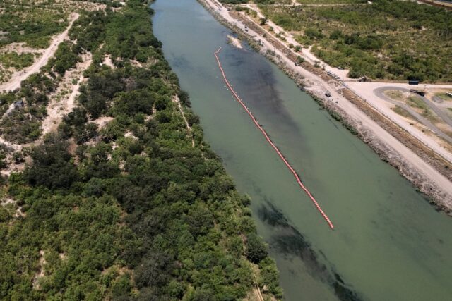 About 208 feet of the controversial buoy barrier placed by Texas in the Rio Grande river l