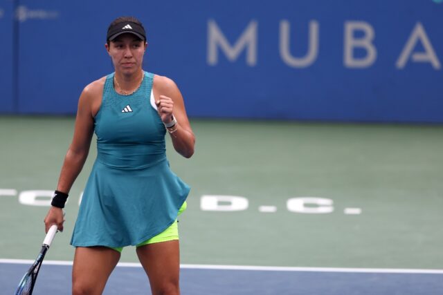 American Jessica Pegula celebrates a point in her victory over Peyton Stearns at the ATP a