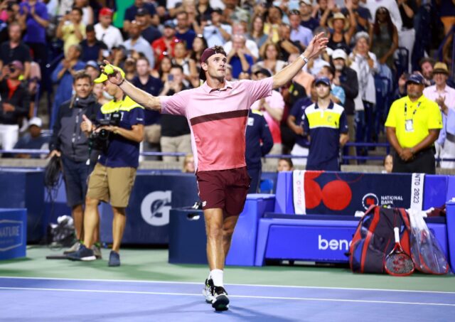 American Tommy Paul reacts after beating world number one Carlos Alcaraz in the quarter-fi