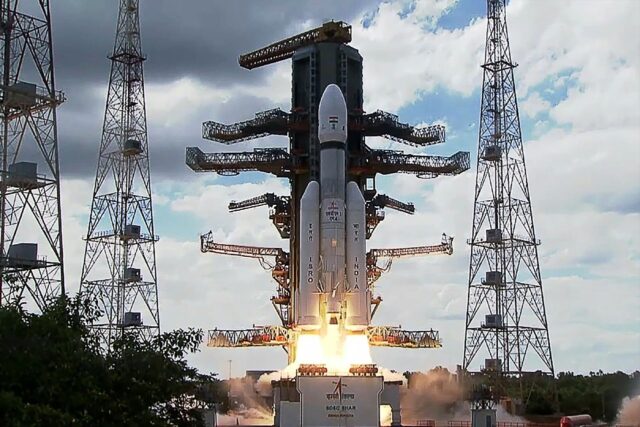 An Indian Space Research Organisation rocket carrying the Chandrayaan-3 spacecraft lifts o