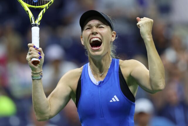 Caroline Wozniacki celebrates her second round US Open win over Petra Kvitova