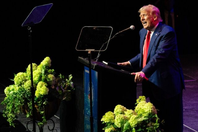 A day after his visit to largely hostile Washington, Trump received a warm reception at th