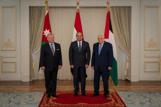 Egyptian President Abdel Fattah al-Sisi and his Palestinian counterpart Mahmud Abbas and J