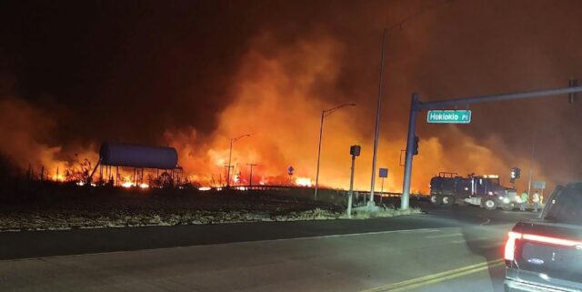 Flames from a Hawaii wildfire stoked by hurricane winds threatened parts of Lahaina, on th