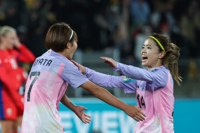 Hinata Miyazawa (L) celebrates scoring Japan's third goal against Norway with Yui Hasegawa