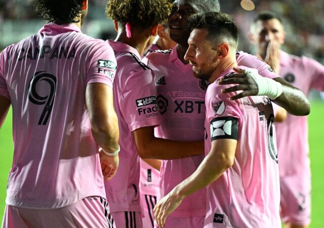 Inter Miami's Argentine forward Lionel Messi celebrates scoring his team's fourth goal in