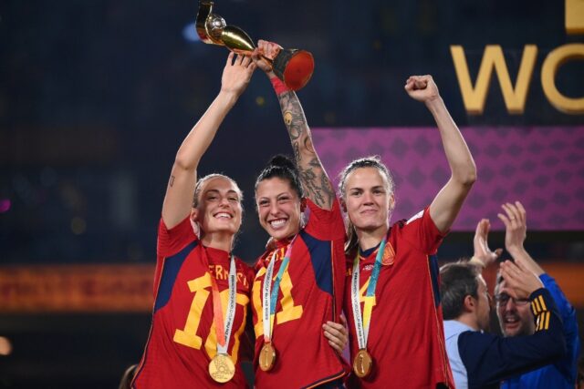 Jennifer Hermoso, centre, lifting the Women's World Cup after Spain's 1-0 victory against
