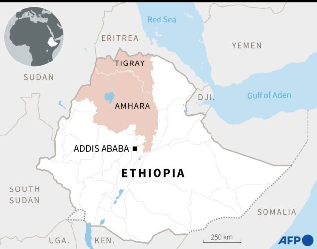 Map of Ethiopia locating the Tigray and Amhara regions