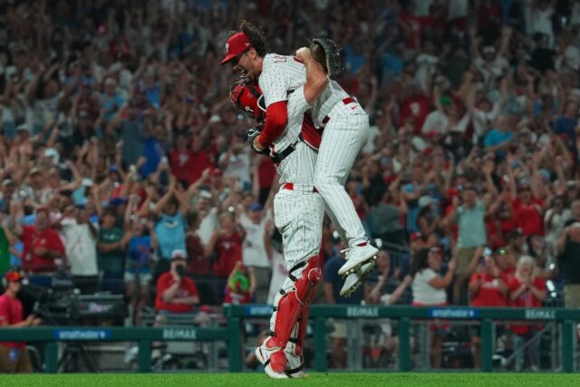 Michael Lorenzen (right) celebrates his no-hitter for Philadelphia
