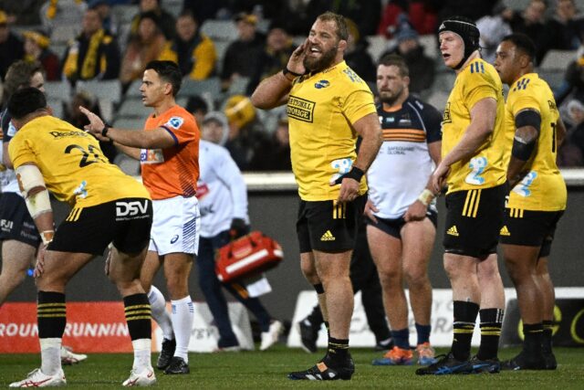 Owen Franks (C) calling the shots for Hurricanes in Canberra in June