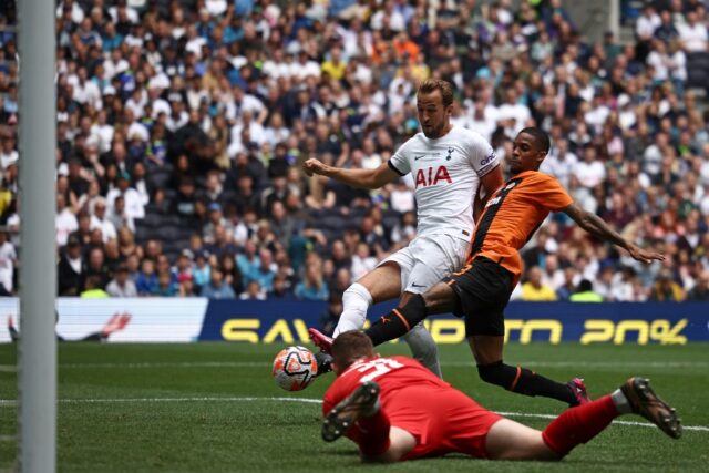 Quartet of goals - Tottenham Hotspur striker Harry Kane (C) scores his fourth during a 5-1