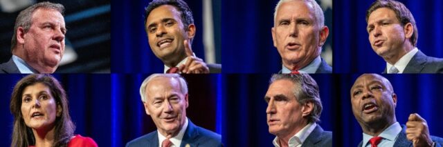 Republican hopefuls Chris Christie, Vivek Ramaswamy, Mike Pence, Ron DeSantis, Nikki Haley