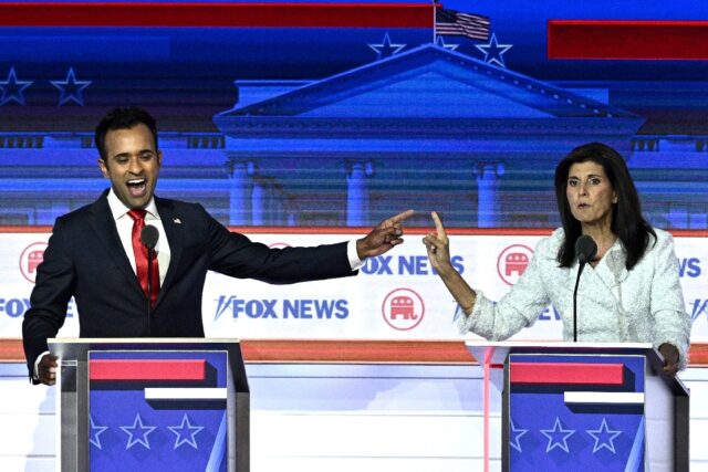 Republican White House hopefuls Vivek Ramaswamy and Nikki Haley in the first GOP televised