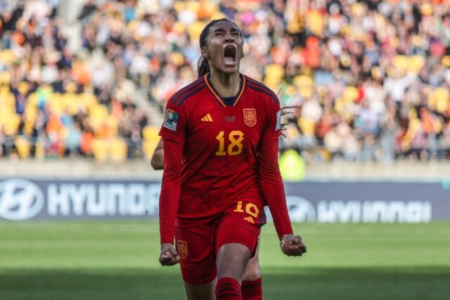 Salma Paralluelo celebrates after scoring Spain's winning goal in the Women's World Cup qu