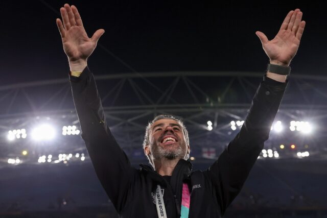 Spain's coach Jorge Vilda gestures after his team's World Cup win