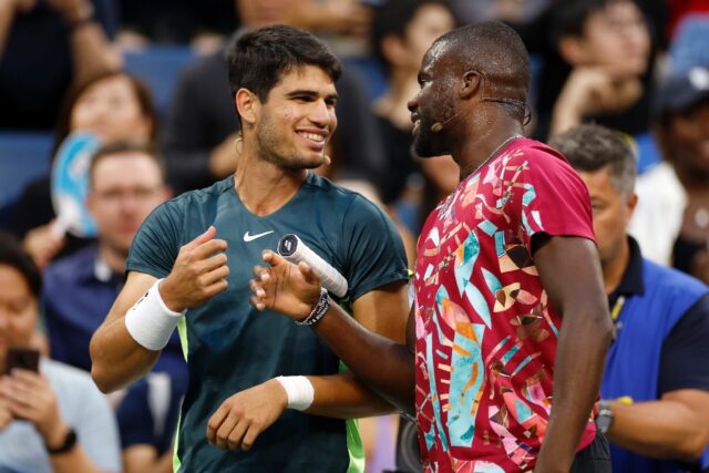 Star man: Carlos Alcaraz with home player Frances Tiafoe at a charity match at the US Open