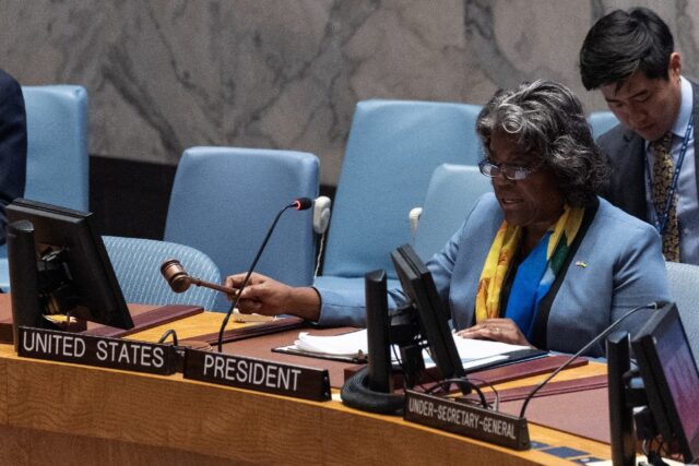 United States Ambassador to the United Nations Linda Thomas-Greenfield speaks during a Uni