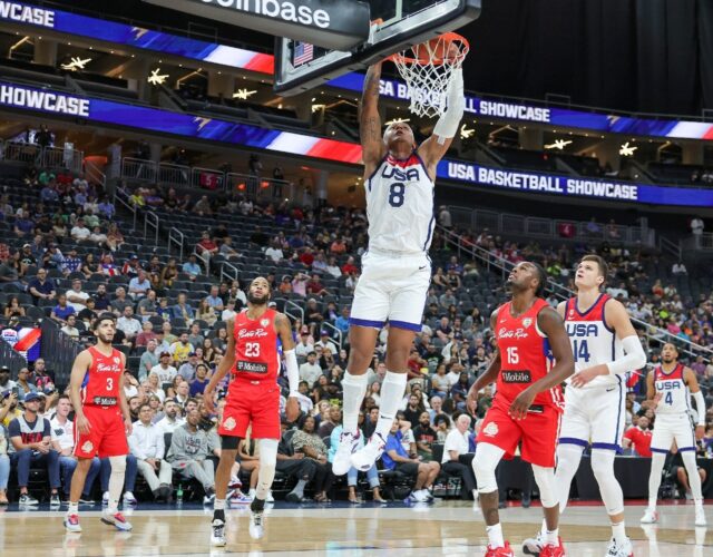US forward Paolo Banchero, last season's NBA Rookie of the Year, delivers a slam dunk agai
