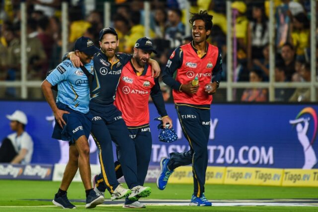 New Zealand batter Kane Williamson (second from left) had to be helped off after injuring