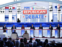2024 Republican presidential candidates Doug Burgum, from left, Chris Christie, Nikki Haley, Ron DeSantis, Vivek Ramaswamy, Senator Tim Scott and former US Vice President Mike Pence during a debate hosted by Fox Business Network in Simi Valley, California, US, on Wednesday, Sept. 27, 2023. The auto workers strike, the looming government shutdown and a renewed focus on abortion rights all set the backdrop for the second Republican primary debate today. Photographer: Eric Thayer/Bloomberg via Getty Images