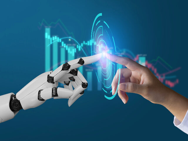 AI, Machine learning, robot hand ai artificial intelligence assistance human touching on b