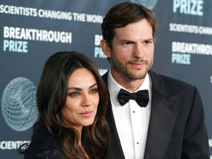 Mila Kunis, left, and Ashton Kutcher arrive at the ninth Breakthrough Prize ceremony on Sa