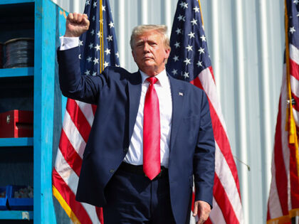 Former President Donald Trump ends his remarks and holds up his fist at a rally in Summerville, S.C., Monday, Sept. 25, 2023. (AP Photo/Artie Walker Jr.)