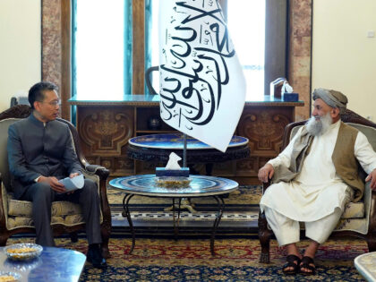 In this handout photo released by the Taliban Prime Minister Media Office, China's new ambassador to Afghanistan Zhao Sheng meets with Taliban Prime Minister Mohammad Hasan Akhund during the recognition ceremony at the Presidential Palace in Kabul, Afghanistan, Wednesday, Sept. 13, 2023. The Taliban on Wednesday greeted China's new ambassador …