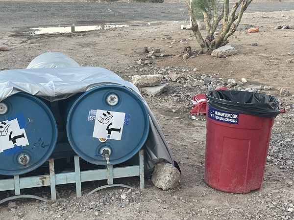 Emergency potable watering station for migrants left by humanitarian organization. (Randy Clark/Breitbart Texas)