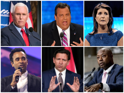 Republican presidential candidates (left to right): Mike Pence, Chris Christie, Nikki Haley, Vivek Ramaswamy, Ron DeSantis, and Tim Scott (AP Photo, Getty Images, Flickr)