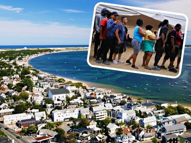USA-MASSACHUSETTS-Cape Cod: Provincetown- Town View with curve of Cape Cod aerial from Pilgrim Monument