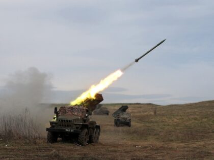 TOPSHOT - A Ukrainian multiple rocket launcher BM-21 "Grad" shells Russian troops' position, near Lugansk, in the Donbas region, on April 10, 2022. (Photo by Anatolii STEPANOV / AFP) (Photo by ANATOLII STEPANOV/AFP via Getty Images)