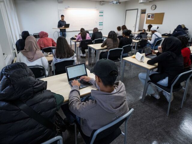 Students attend a class at the Drottning Blankas secondary school in Jarfalla, Sweden on A