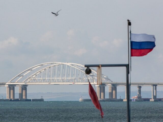 A view taken on October 14, 2022 shows the Kerch Bridge that links Crimea to Russia, near