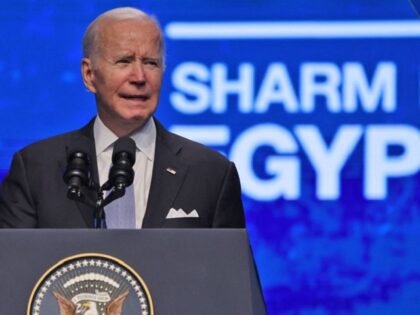 US President Joe Biden delivers a speech during the COP27 summit in Egypt's Red Sea resort city of Sharm el-Sheikh, on November 11, 2022. - Biden arrived at UN climate talks in Egypt today, armed with major domestic achievements against global warming but under pressure to do more for countries …