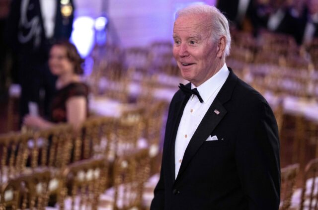 US President Joe Biden arrives for the entertainment portion of the evening after a black-tie dinner for Governors and their spouses at the White House in Washington, DC on February 11, 2023. (Photo by ANDREW CABALLERO-REYNOLDS / AFP) (Photo by ANDREW CABALLERO-REYNOLDS/AFP via Getty Images)